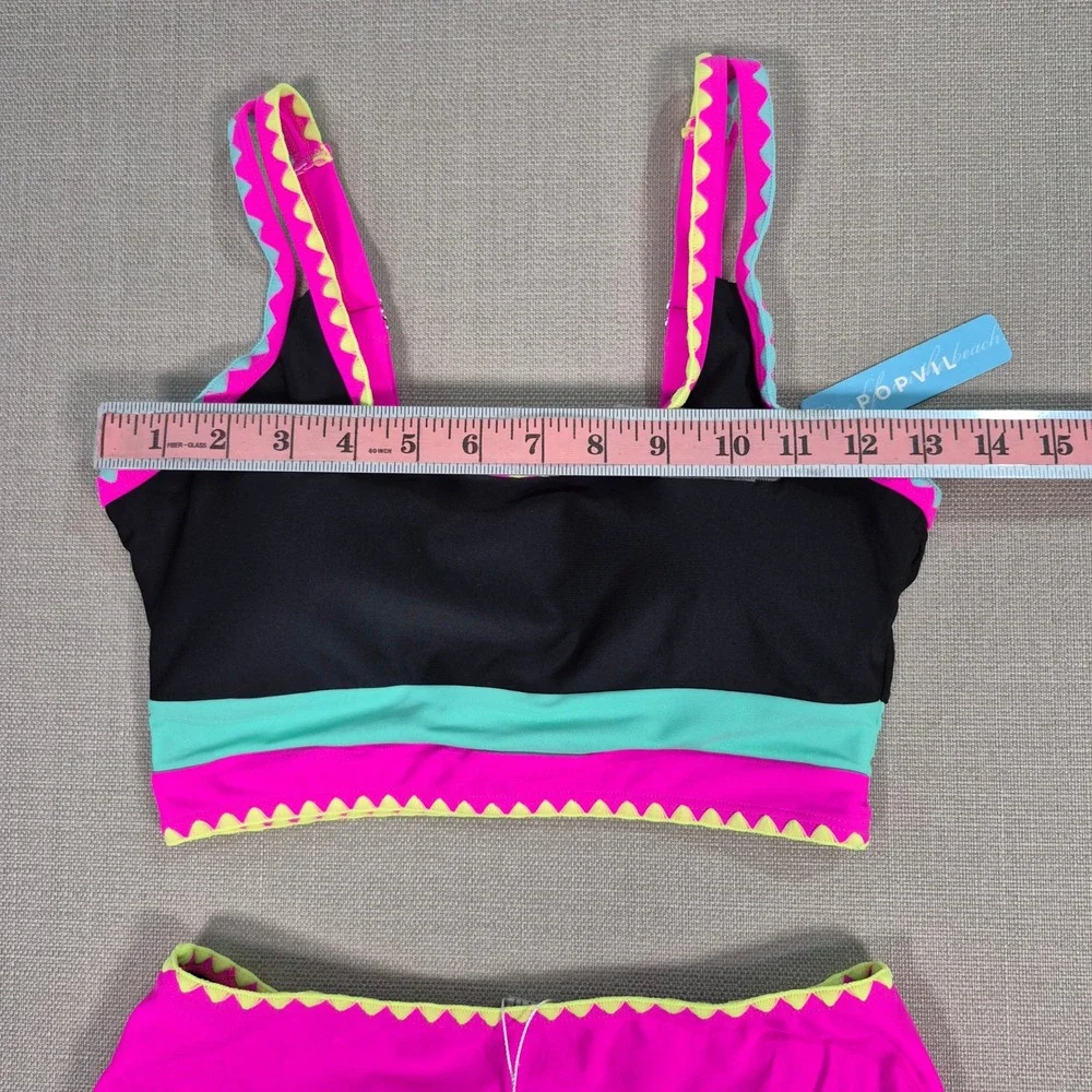 Popvil Womens 3 Piece Bikini Swim Skirt Set Black Pink Colorblock Ric Rac Size S